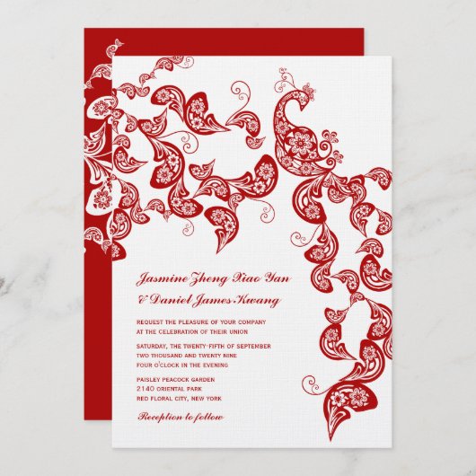 レッドフローラボホピーコックイースタンシックアジア結婚ズ 招待状 (正面/裏面)
