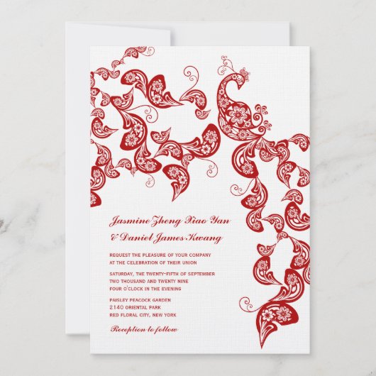レッドフローラボホピーコックイースタンシックアジア結婚ズ 招待状 (正面)