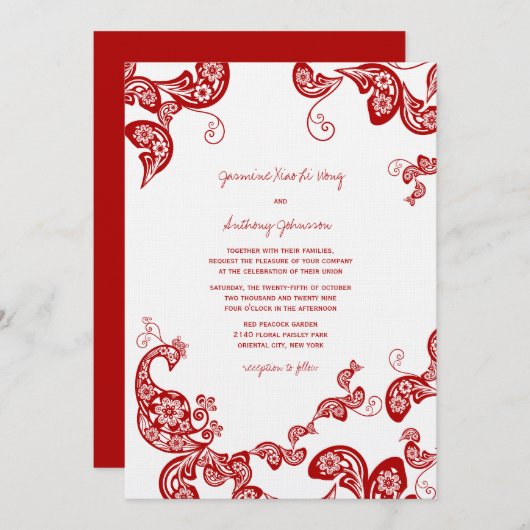 レッドフローラボホピーコックイースタンシックアジア結婚ズ 招待状 (正面/裏面)