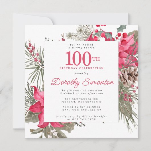 レッドフローラポインセチア100thバースデーパーティースクエア 招待状 (正面)