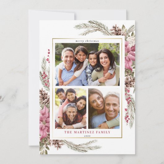 レッドフローラモダンボタニカルベリーメリークリスマス シーズンカード (正面)