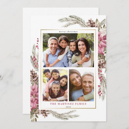 レッドフローラモダンボタニカルベリーメリークリスマス シーズンカード (正面/裏面)