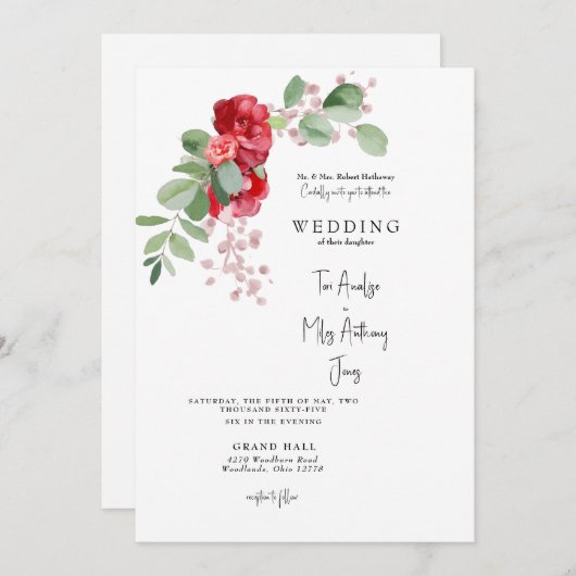 レッドフローラユーカリプトゥスブライド結婚パーズ 招待状 (正面/裏面)