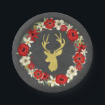 レッドフローラリース金ゴールドディアシャルボードクリスマス ペーパープレート<br><div class="desc">素朴な黒板パターンのクリスマス紙プレート、赤と白ヴィンテージフローラリースと〔雄ジカの〕枝角付き金ゴールド鹿。</div>