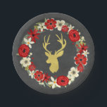 レッドフローラリース金ゴールドディアシャルボードクリスマス ペーパープレート<br><div class="desc">素朴な黒板パターンのクリスマス紙プレート、赤と白ヴィンテージフローラリースと〔雄ジカの〕枝角付き金ゴールド鹿。</div>