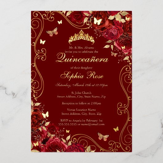 レッドフローラ金ゴールドスワールバタフライキンセアニェラ 箔招待状 (正面)