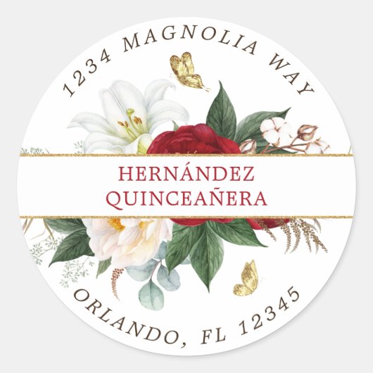 レッドフローラ金ゴールドバタフライ差出人住所ラベル ラウンドシール (正面)