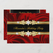 レッドフローラ金ゴールドブラックエレガントバースデーパーティー 招待状 (正面/裏面)