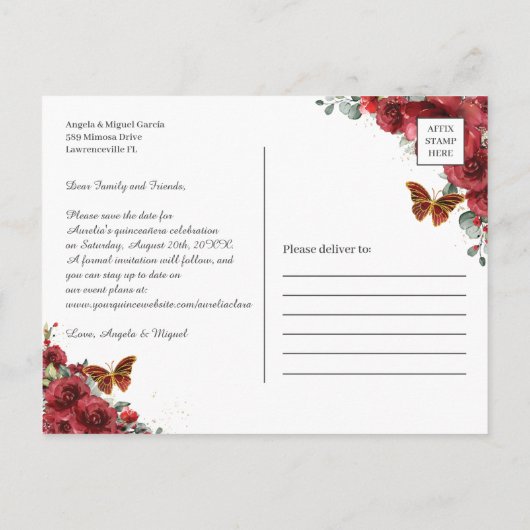 レッドフローラ金ゴールド幾何学模様キンセニェラ写真 案内ポストカード (裏面)