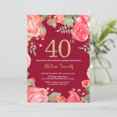 レッドフローラ40th誕生日金ゴールドグリッターブルゴーニュ赤 招待状 (スタンド正面)