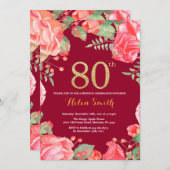 レッドフローラ80th誕生日金ゴールドグリッターブルゴーニュレッド 招待状 (正面/裏面)
