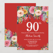 レッドフローラ90番目の誕生日招待状 招待状 (正面/裏面)