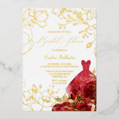 レッドフローラ&ドレスブライダルシャワー葉金ゴールド 箔招待状 (正面)