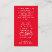 レッドフードアレルギーパーソナライズされた警告シェフカード 名刺 (裏面)