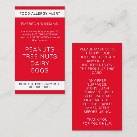 レッドフードアレルギーパーソナライズされた警告シェフカード 名刺 (正面/裏面)
