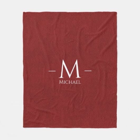 レッドブラウンフェイクレザーモノグラム名カスタム フリースブランケット (正面)