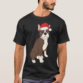レッドブラウンボストンテリアクリスマスサンタシールボスト Tシャツ