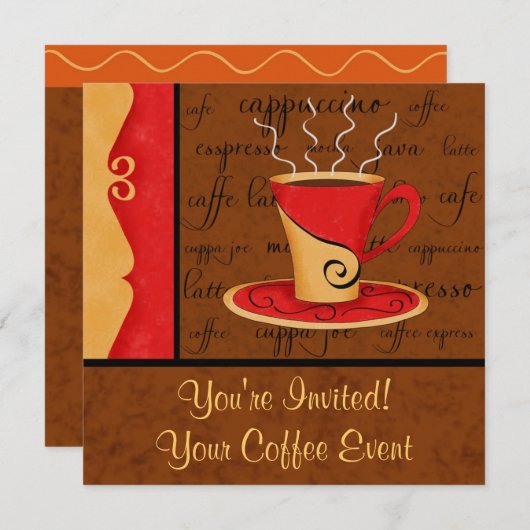 レッドブラウン金ゴールドエスプレッソコーヒーアート名前をカスタムする 招待状 (正面/裏面)