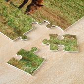 レッドブラウン馬、ティール（緑がかった色）ブルースカイ ジグソーパズル (側面)