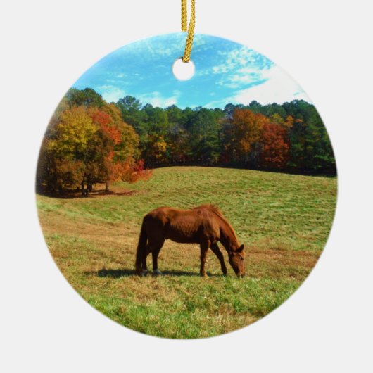 レッドブラウン馬、ティール（緑がかった色）ブルースカイ セラミックオーナメント (正面)