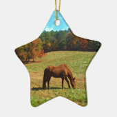 レッドブラウン馬、ティール（緑がかった色）ブルースカイ セラミックオーナメント (左)