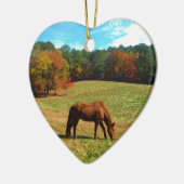 レッドブラウン馬、ティール（緑がかった色）ブルースカイ セラミックオーナメント (左)