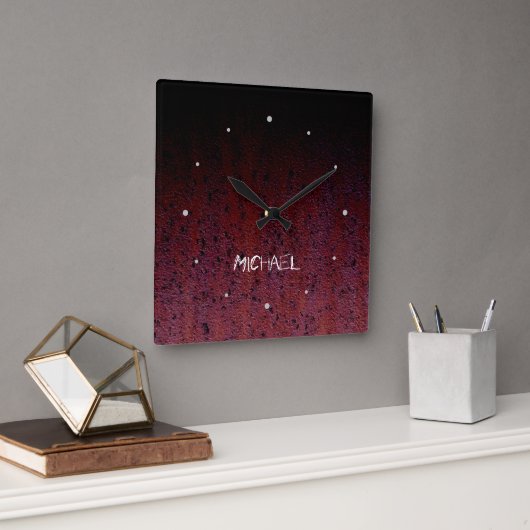 レッドブラウン黒グラデーション錆メタル名前をカスタムする スクエア壁時計 (オフィス)