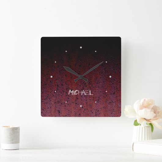レッドブラウン黒グラデーション錆メタル名前をカスタムする スクエア壁時計 (ホーム)