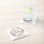レッドブラシスクリプトウォーターカラーリースメリークリスマス ペーパーコースター<br><div class="desc">ブラシモダンスクリプト水の色の冬の緑のリースメリークリスマスコアスターは、植物性の緑とホリーベリーを含む – レッドスクリプト</div>