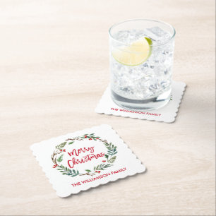 レッドブラシスクリプトウォーターカラーリースメリークリスマス ペーパーコースター