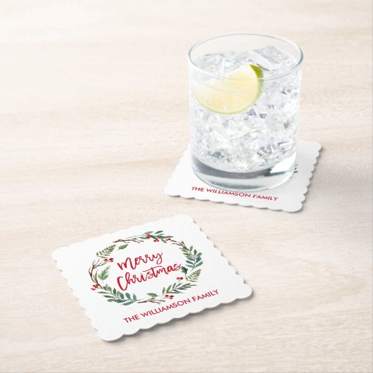 レッドブラシスクリプトウォーターカラーリースメリークリスマス ペーパーコースター (インサイチュ)