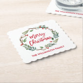 レッドブラシスクリプトウォーターカラーリースメリークリスマス ペーパーコースター (アングル)