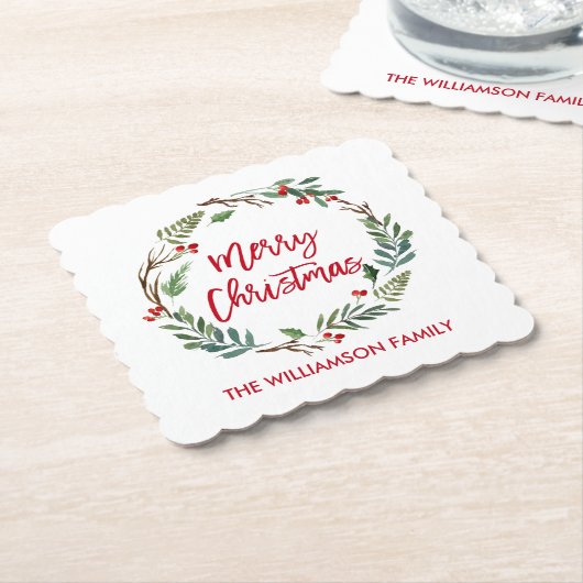 レッドブラシスクリプトウォーターカラーリースメリークリスマス ペーパーコースター (アングル)
