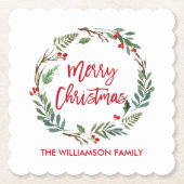 レッドブラシスクリプトウォーターカラーリースメリークリスマス ペーパーコースター (正面)