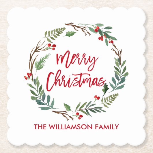 レッドブラシスクリプトウォーターカラーリースメリークリスマス ペーパーコースター (正面)