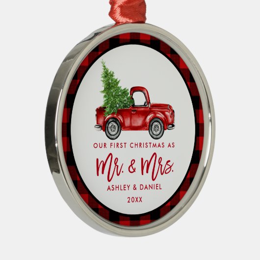 レッドブラシスクリプトトラック初めてのクリスマスプレイド メタルオーナメント (右)