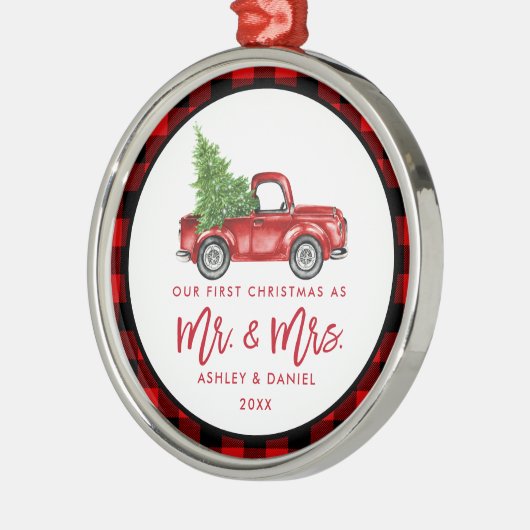 レッドブラシスクリプトトラック初めてのクリスマスプレイド メタルオーナメント (左)