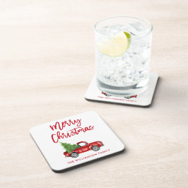 レッドブラシスクリプトヴィンテージトラッククリスマスツリー コースター