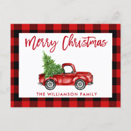 レッドブラシスクリプトヴィンテージトラッククリスマスプレイド ポストカード