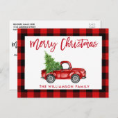 レッドブラシスクリプトヴィンテージトラッククリスマスプレイド ポストカード (正面/裏面)