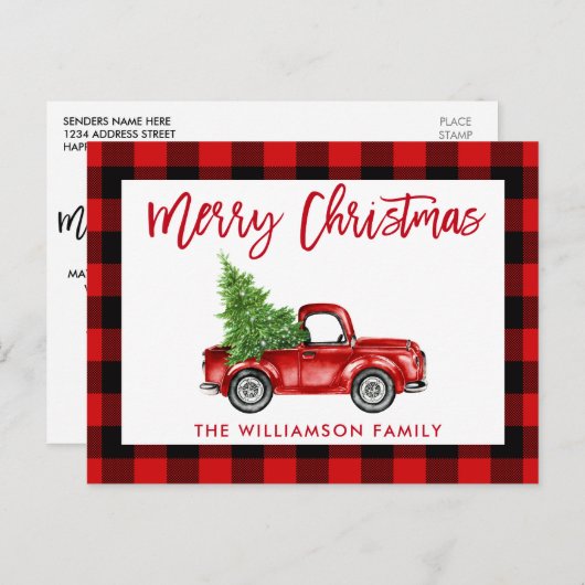 レッドブラシスクリプトヴィンテージトラッククリスマスプレイド ポストカード (正面/裏面)