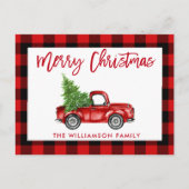 レッドブラシスクリプトヴィンテージトラッククリスマスプレイド ポストカード (正面)