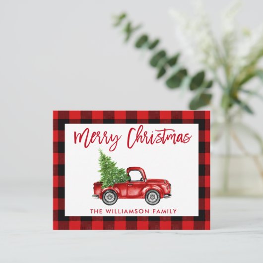 レッドブラシスクリプトヴィンテージトラッククリスマスプレイド ポストカード (スタンド正面)