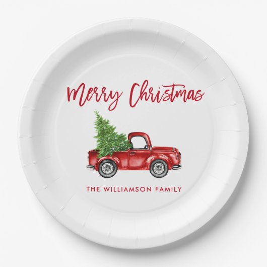 レッドブラシスクリプトヴィンテージレッドトラッククリスマス ペーパープレート (正面)