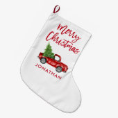 レッドブラシスクリプトヴィンテージレッドトラックツリー ラージクリスマスストッキング (正面 (吊り時))