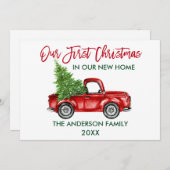 レッドブラシスクリプト初めてのクリスマス新規ホームトラック シーズンカード (正面/裏面)