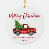 レッドブラシスクリプト水彩ヴィンテージレッドトラック セラミックオーナメント (正面)