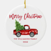 レッドブラシスクリプト水彩ヴィンテージレッドトラック セラミックオーナメント (裏面)