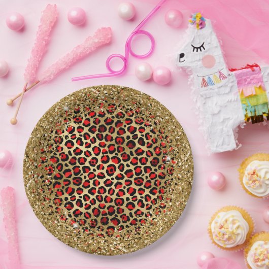 レッドブラックと金ゴールドキラキラ箔ヒョウ釉薬 ペーパープレート (パーティー)