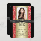 レッドブラックと金ゴールドグリッタースウィート16パーティー 招待状 (正面/裏面)